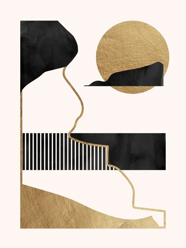 KIT 3 QUADROS DECORATIVOS - Abstrato Formas Douradas e Preto